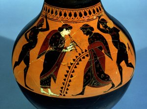 Oinochoe a figure nere attiche decorata con una scena di festa con bevitori, danzatori e una donna che suona uno strumento a fiato da Amasis Painter